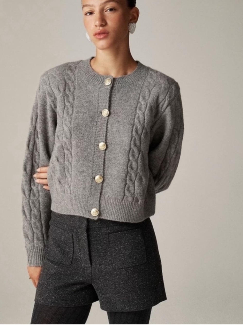 J. Crew Cable-knit cardigan Merino Wool Alpaca blend Heather Ash Gray Size Small
